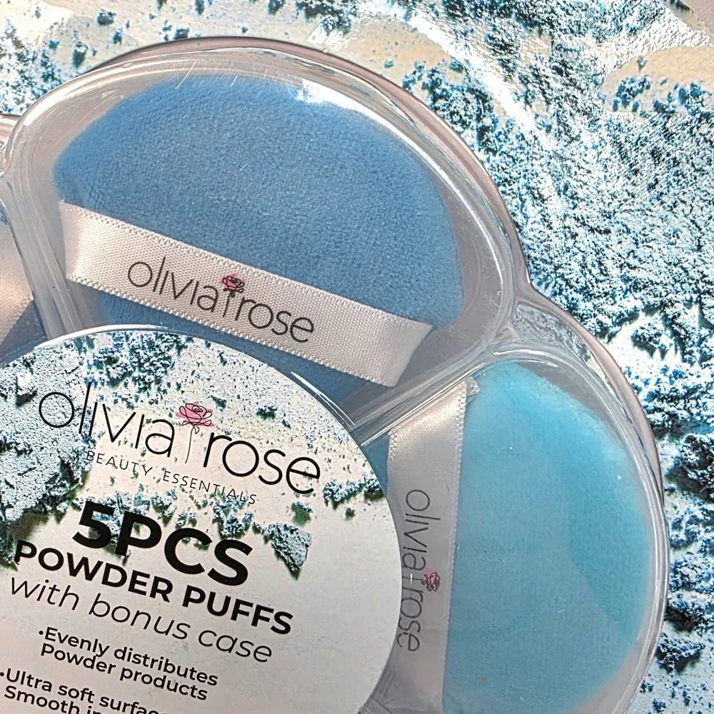 Olivia Rose Beauty Essentials 5‎ Piece Powder Puffs with Bonus Case Blue New